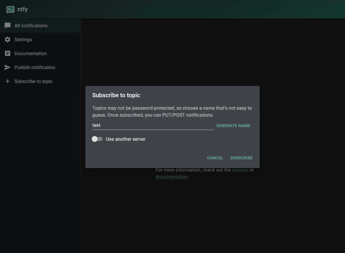 ntfy subscribe to test topic